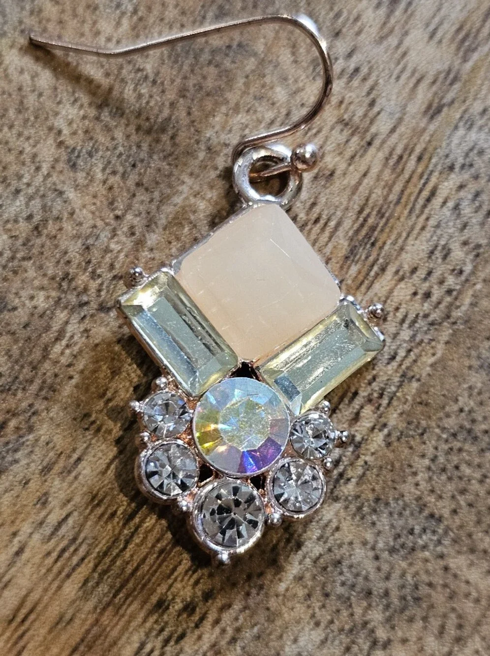 Art Deco Style Dangle Earrings w/ Peach, Clear & Aurora Borealis Rhinestones
